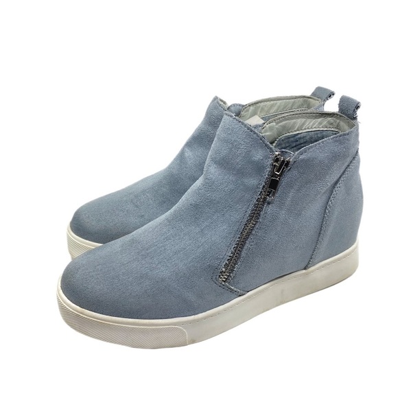 Soda Shoes - Soda Light Blue Microsuede Platform Heeled Zipper Side Sneakers